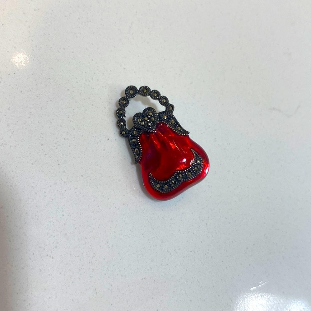 Judith Jack Small Purse Brooch Pin - Sterling Silver w/ Red Enamel & Marcasites